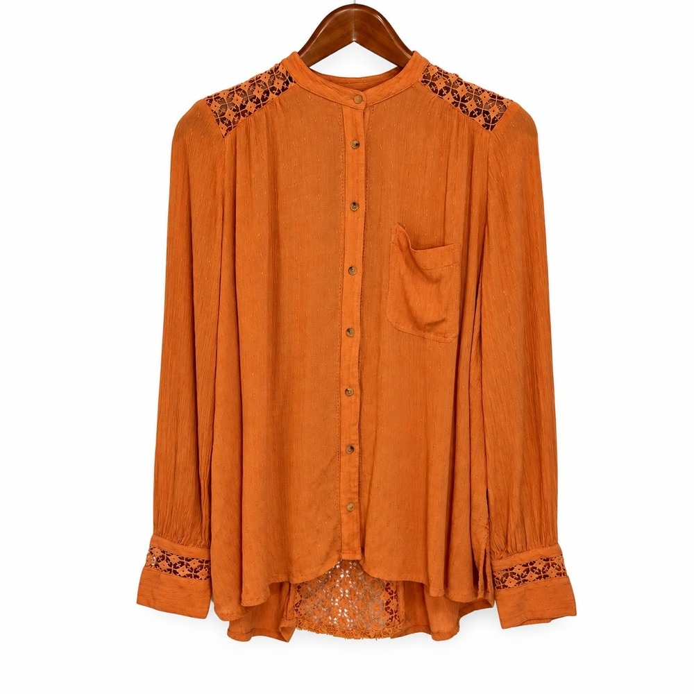 Free People Burnt Orange Crochet Lace Back Button Down Blouse Small OB495809